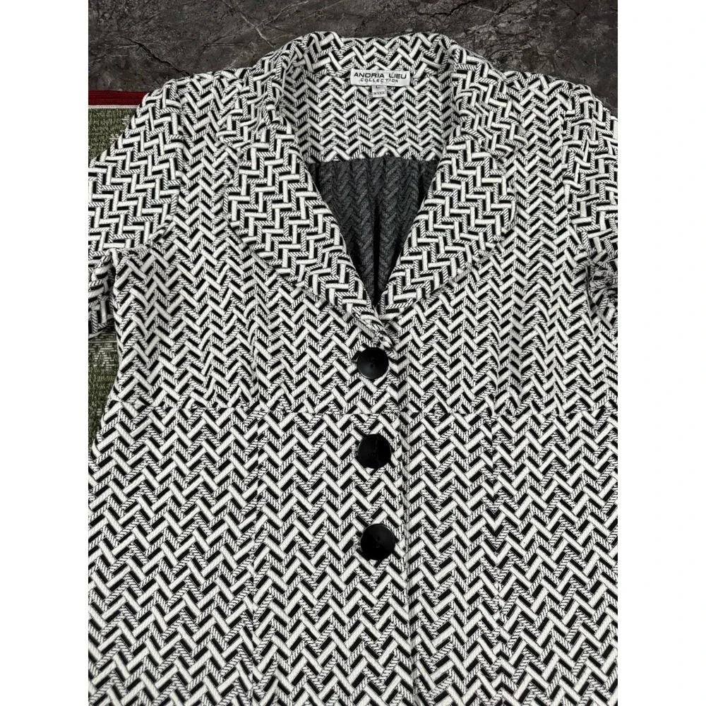 VTG Andria Lieu Womens 3 Button Black White‎ Chevron Knit Jacket 3/4 Sleeve Sz L